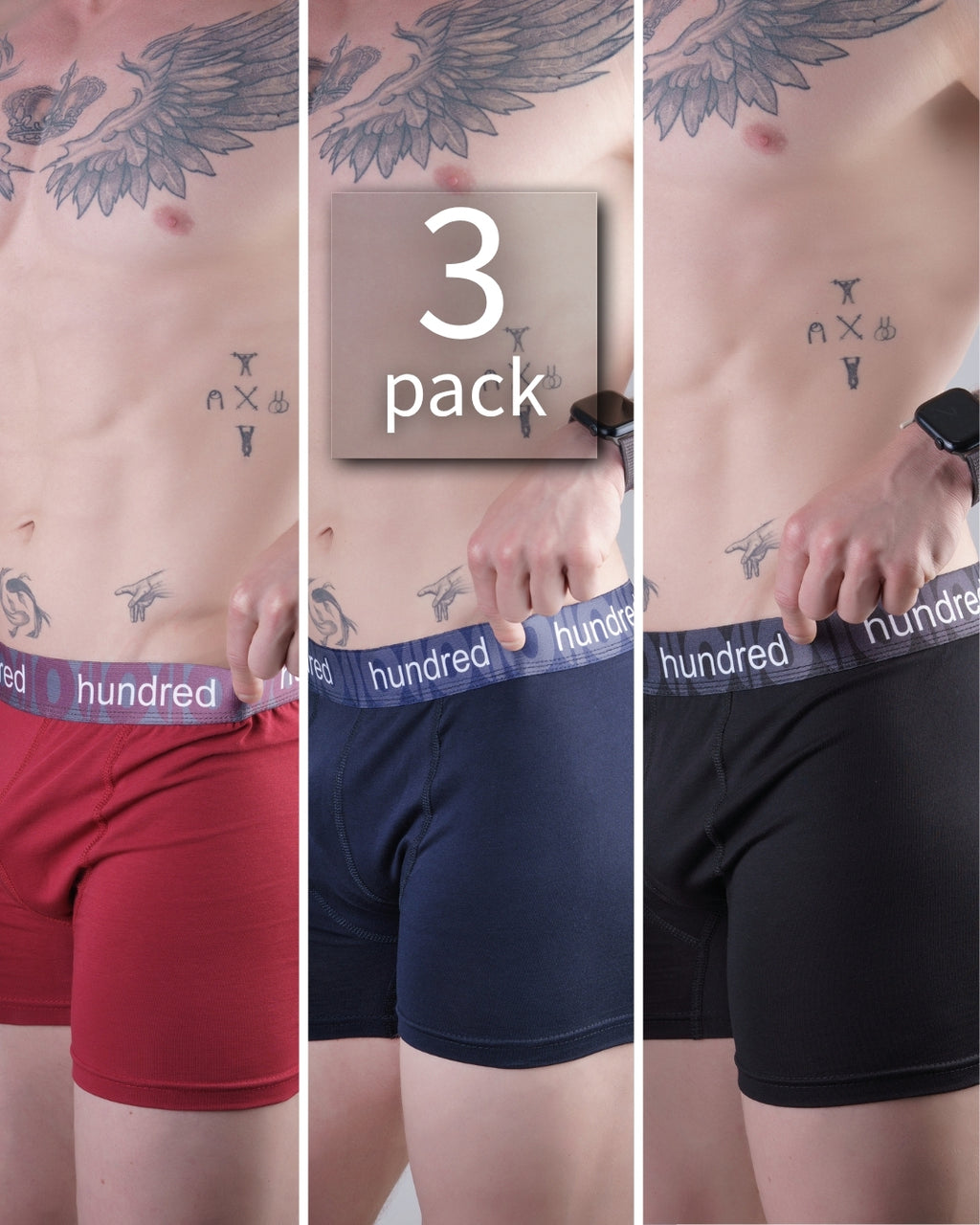 hundred Erkek 3'lü Kutulu Premium Pamuklu Boxer (SİYAH-LACİVERT-BORDO) MDL2