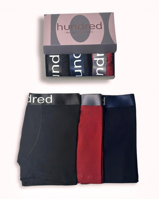 hundred Erkek 3'lü Kutulu Premium Pamuklu Boxer (SİYAH-LACİVERT-BORDO) MDL1