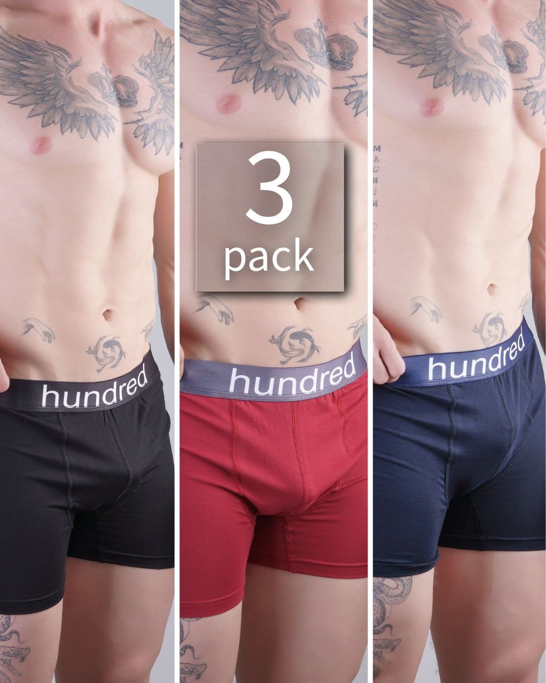 hundred Erkek 3'lü Kutulu Premium Pamuklu Boxer (SİYAH-LACİVERT-BORDO) MDL 1